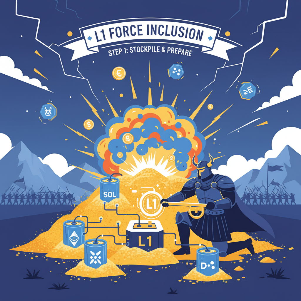 warrior trader stockpiling gold crypto powder kegs ready for L1 force inclusion explosion, epic battlefield scene