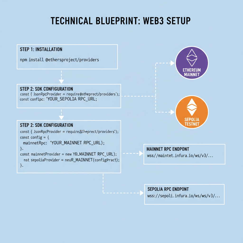 clean diagram of npm install command, SDK config code snippet, Ethereum Mainnet and Sepolia icons connected to RPC endpoints, technical blueprint style