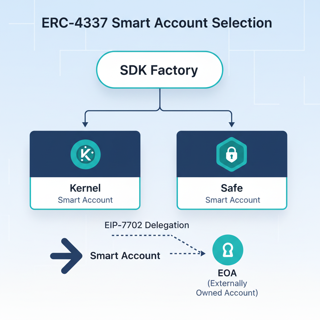 flowchart showing ERC-4337 smart account selection, Kernel and Safe icons branching from SDK factory, EIP-7702 delegation arrow to EOA, modern web3 UI style