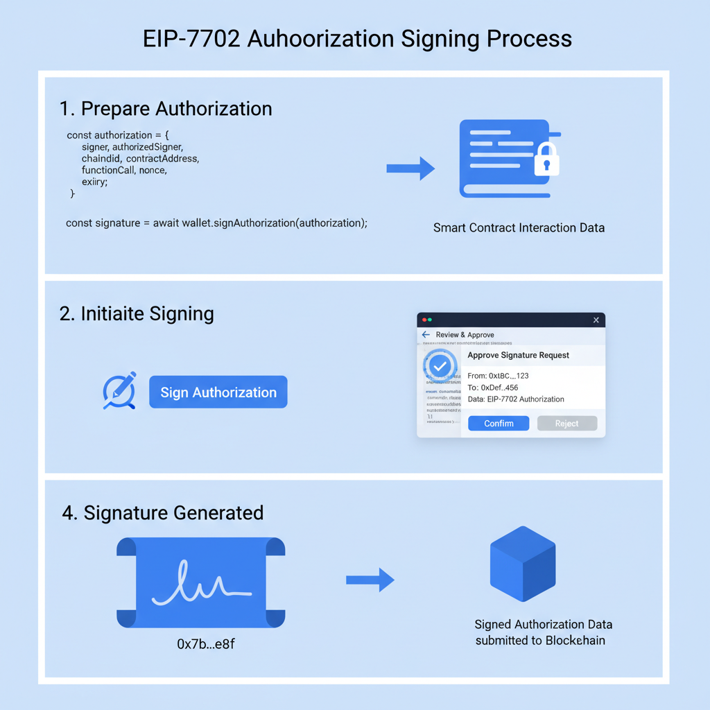 clean illustration of EIP-7702 authorization signing process, code snippet with signAuthorization, Ethereum wallet interface, blue tones