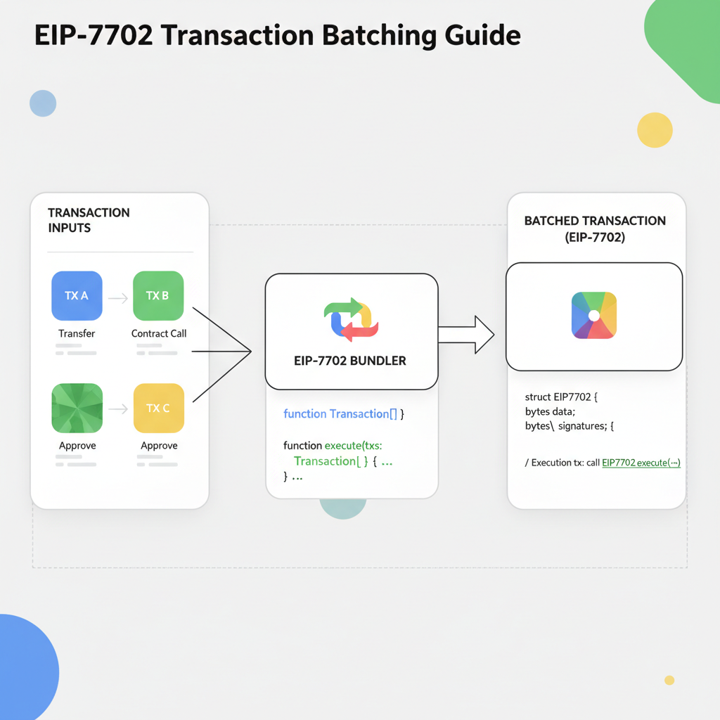 diagram of EIP-7702 transaction builder with batching example, multiple tx icons merging, code highlight, modern UI dashboard