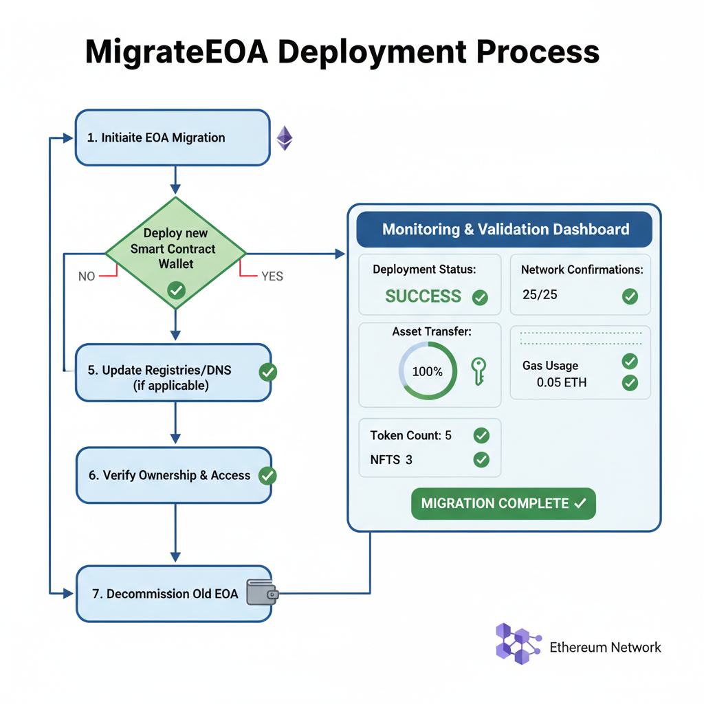 flowchart of migrateEoa deployment, monitoring dashboard with success metrics, Ethereum network icons, green checkmarks