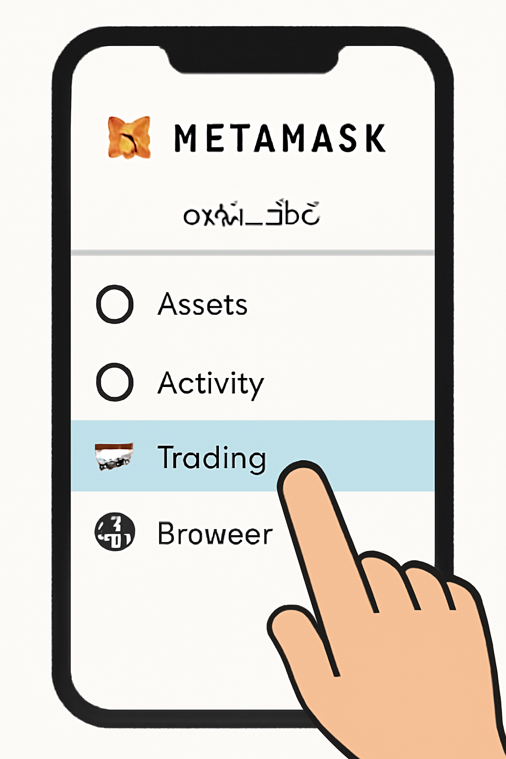 MetaMask app screen with the 'Trading' section highlighted, user finger tapping the option, clear interface