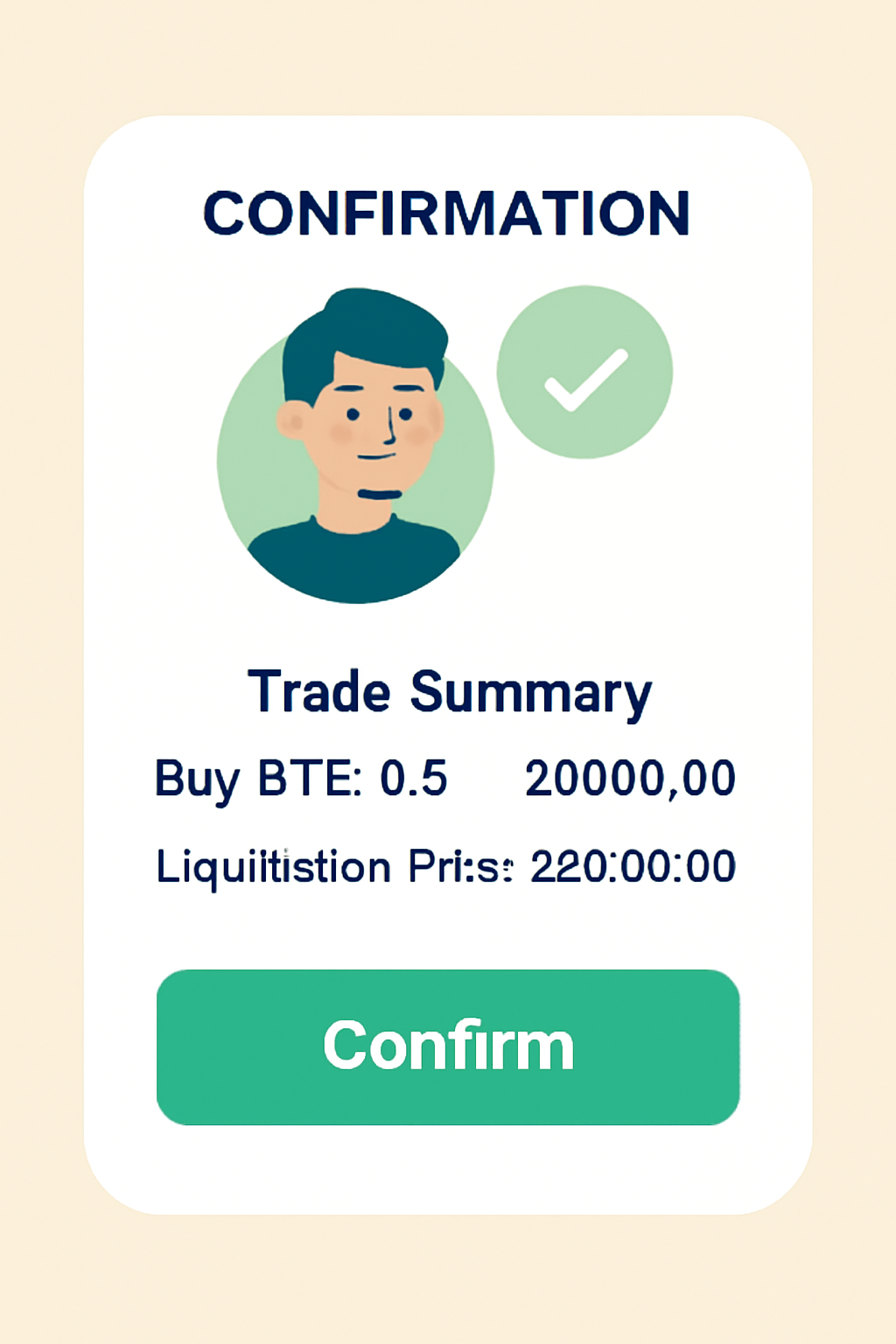 A confirmation screen with trade summary, liquidation price, and a prominent 'Confirm' button, reassuring style