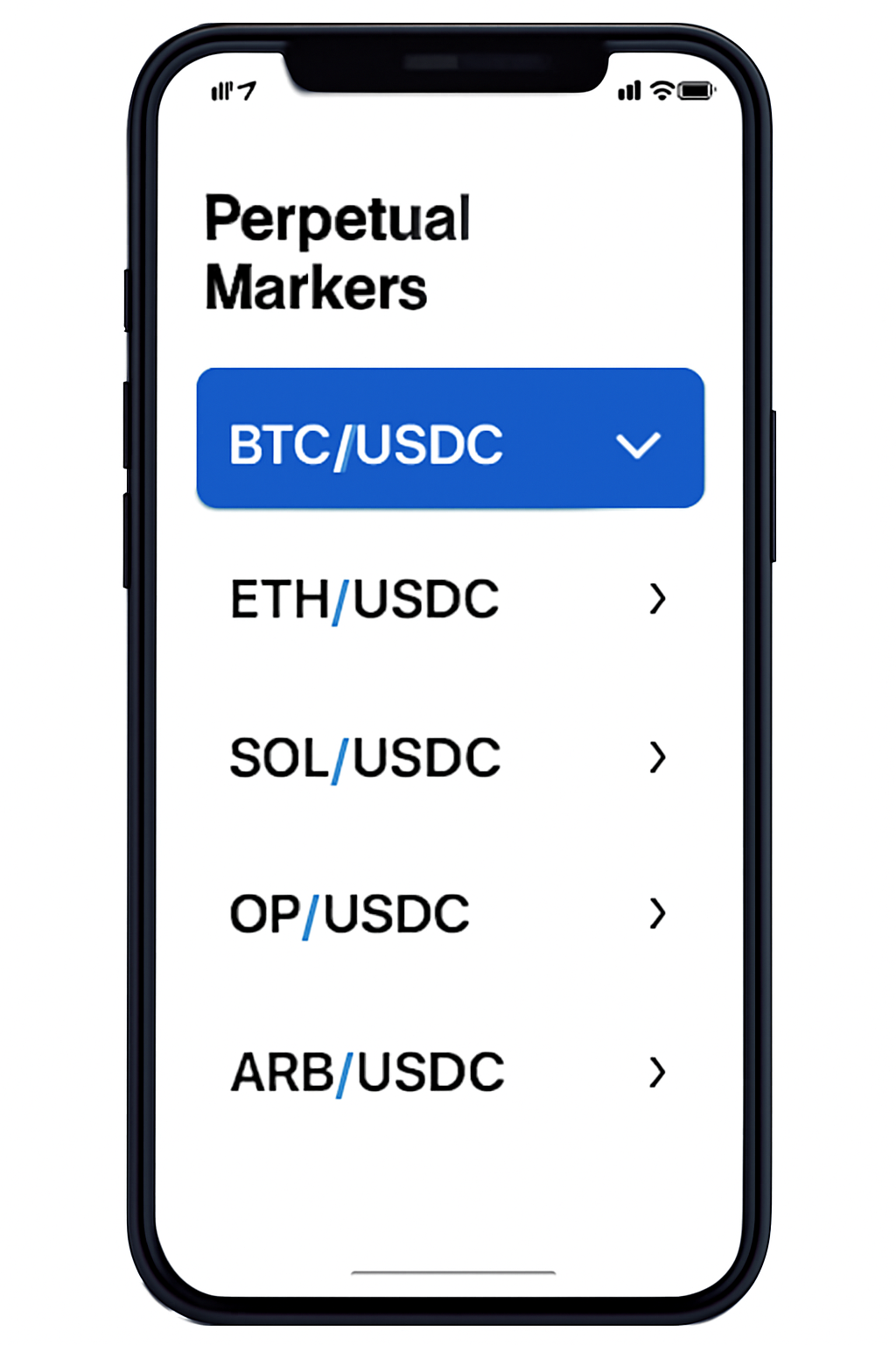 A list of perpetual markets (e.g., BTC/USDC) on a mobile screen, with one market selected, modern crypto UI