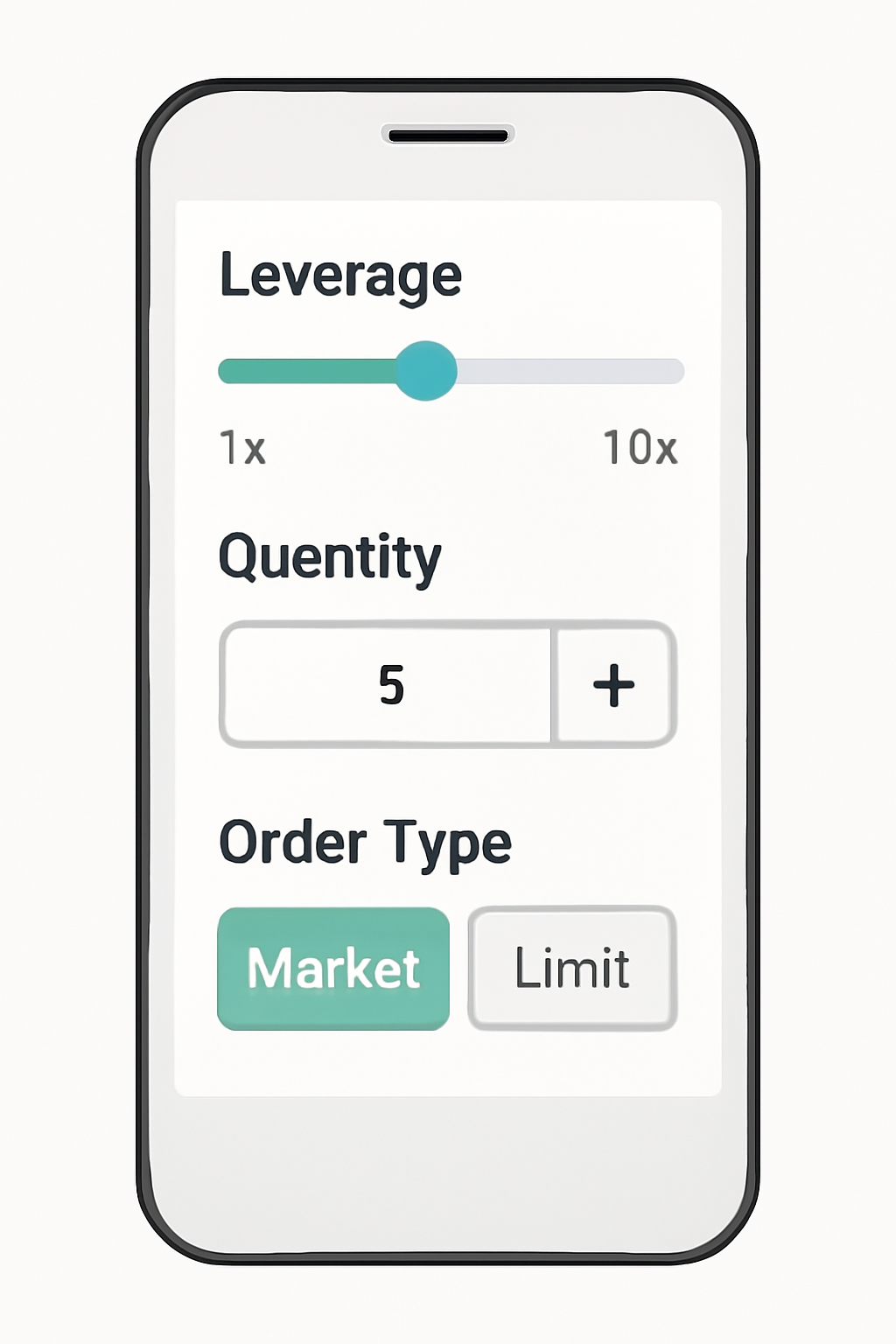 A trading interface showing leverage slider, quantity input, and order type buttons, all on a mobile screen