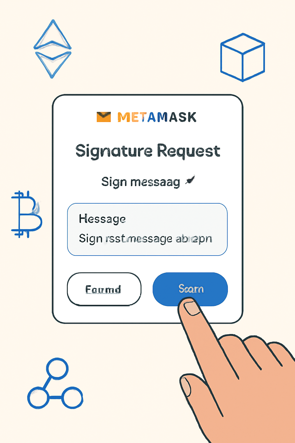 A MetaMask signature prompt with a finger tapping 'Sign', blockchain icons in the background, simple style