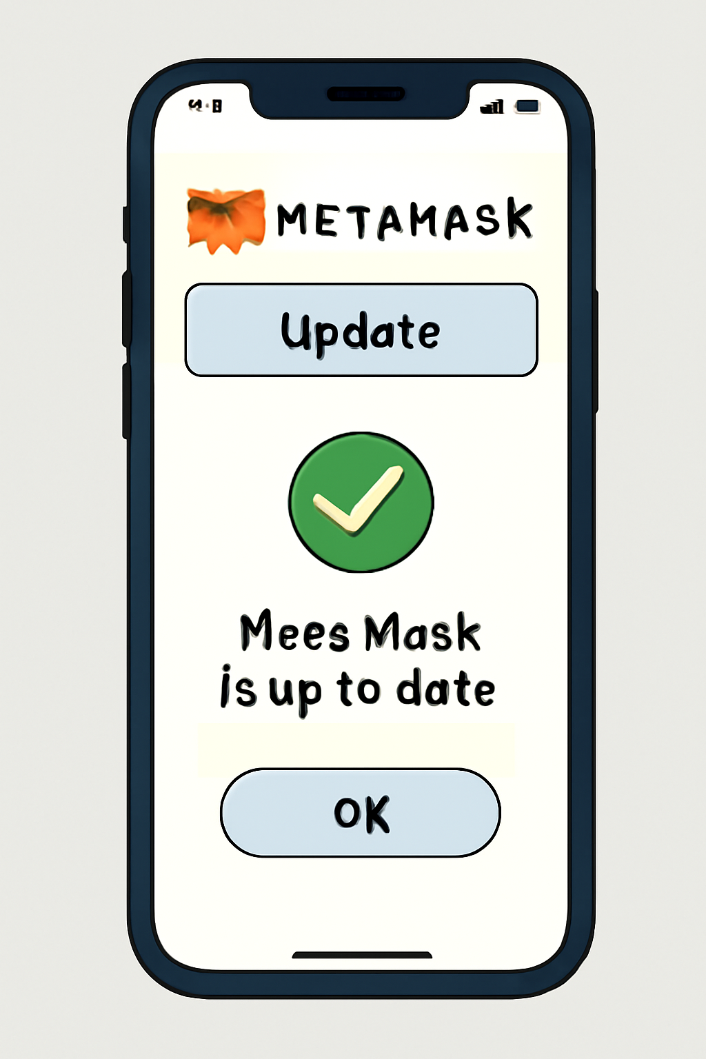 A smartphone displaying the MetaMask app with an update notification and a checkmark, modern style, clean UI