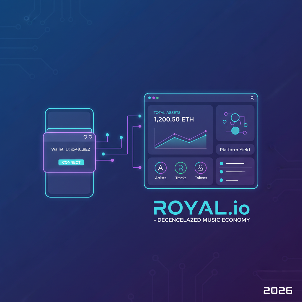 crypto wallet connecting to Royal.io blockchain platform dashboard, futuristic UI, neon lights, 2026 style