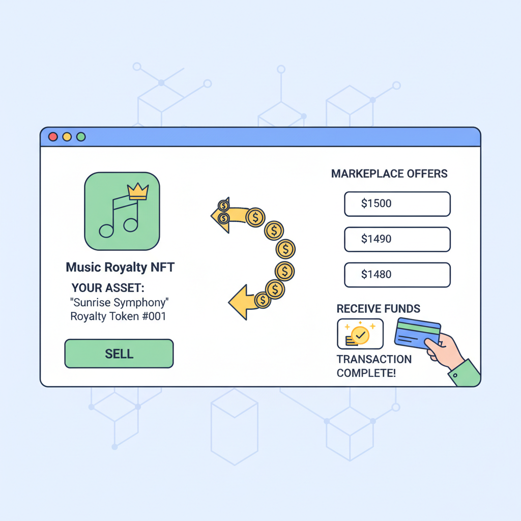 selling tokenized music royalty NFT on secondary blockchain marketplace, trade interface, money flowing