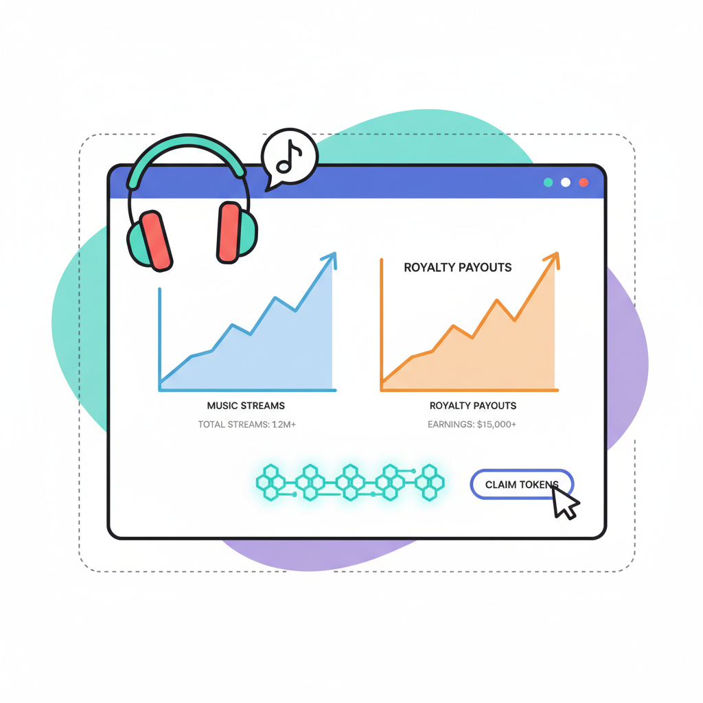 dashboard tracking music streams and royalty payouts, graphs rising, blockchain icons, DJ headphones