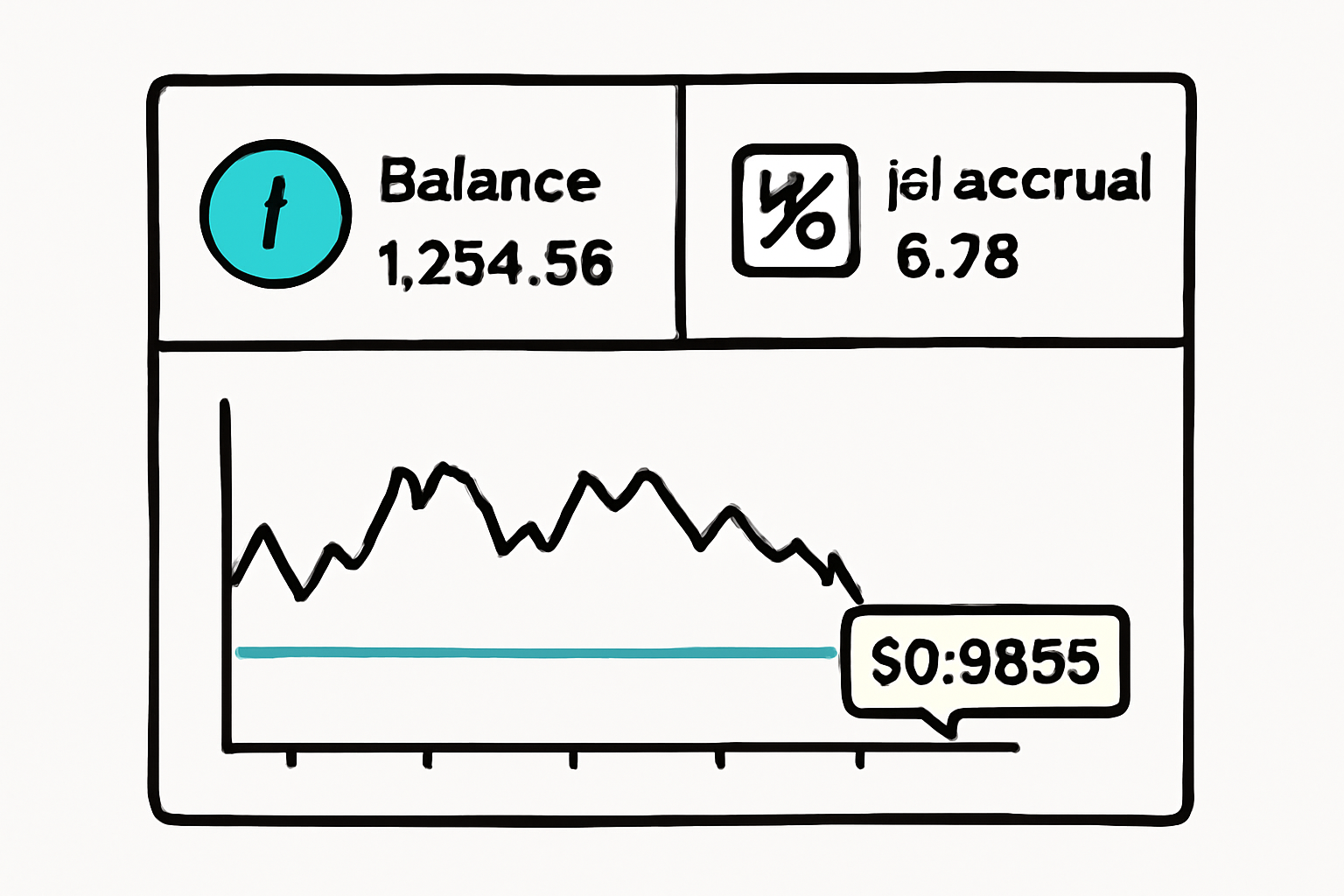 A dashboard displaying reUSD balances, yield accrual, and a price chart with $0.9888 highlighted.