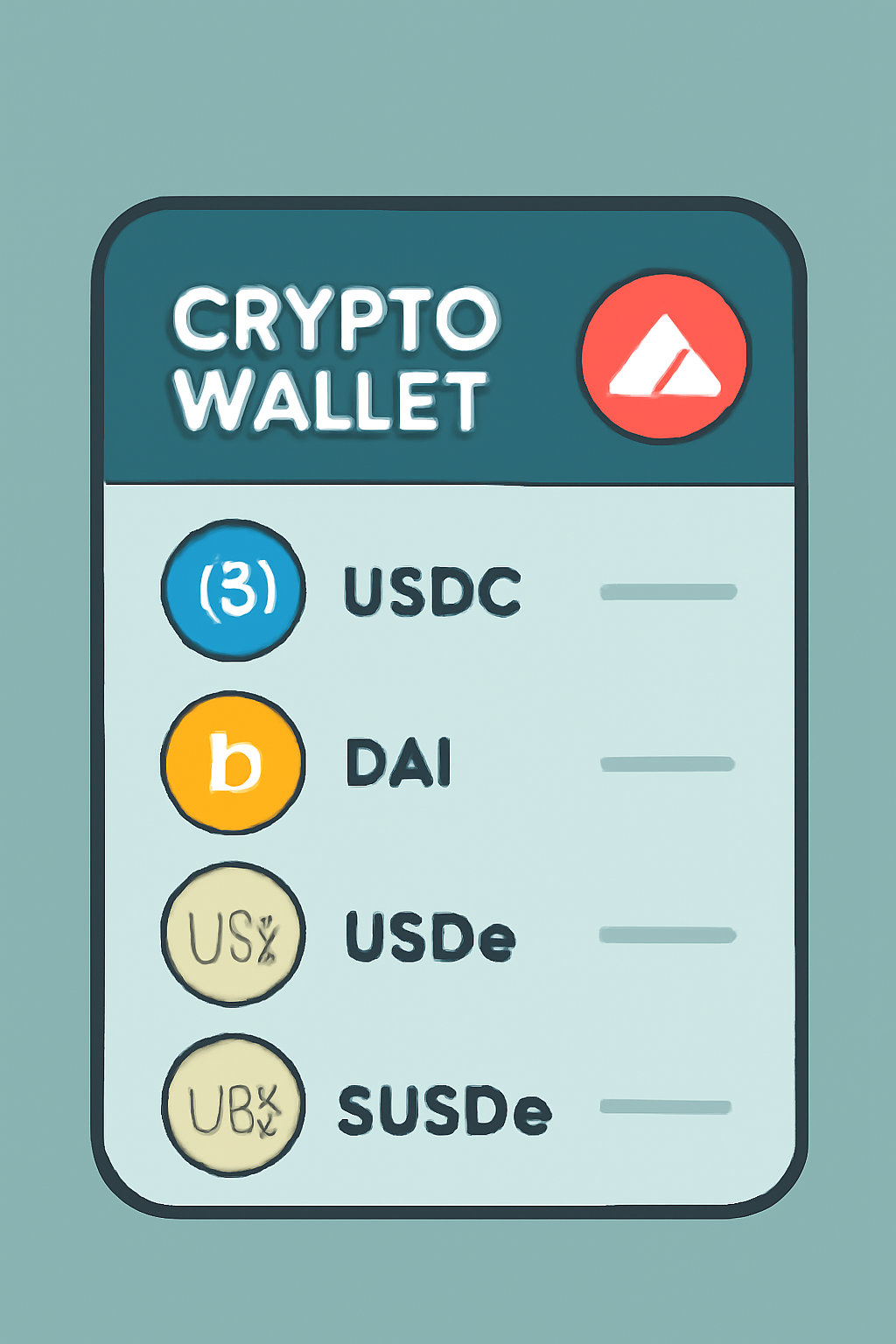 A collection of digital coins labeled USDC, DAI, USDe, and sUSDe in a crypto wallet interface on Avalanche blockchain.