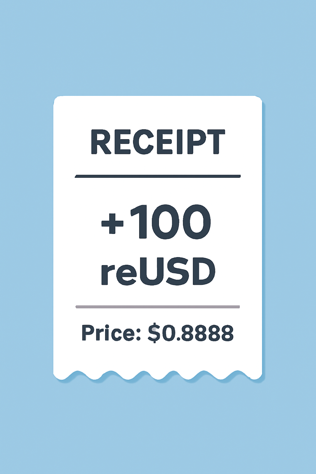 A digital receipt showing reUSD tokens credited to a wallet, with a price tag of $0.9888 per token.