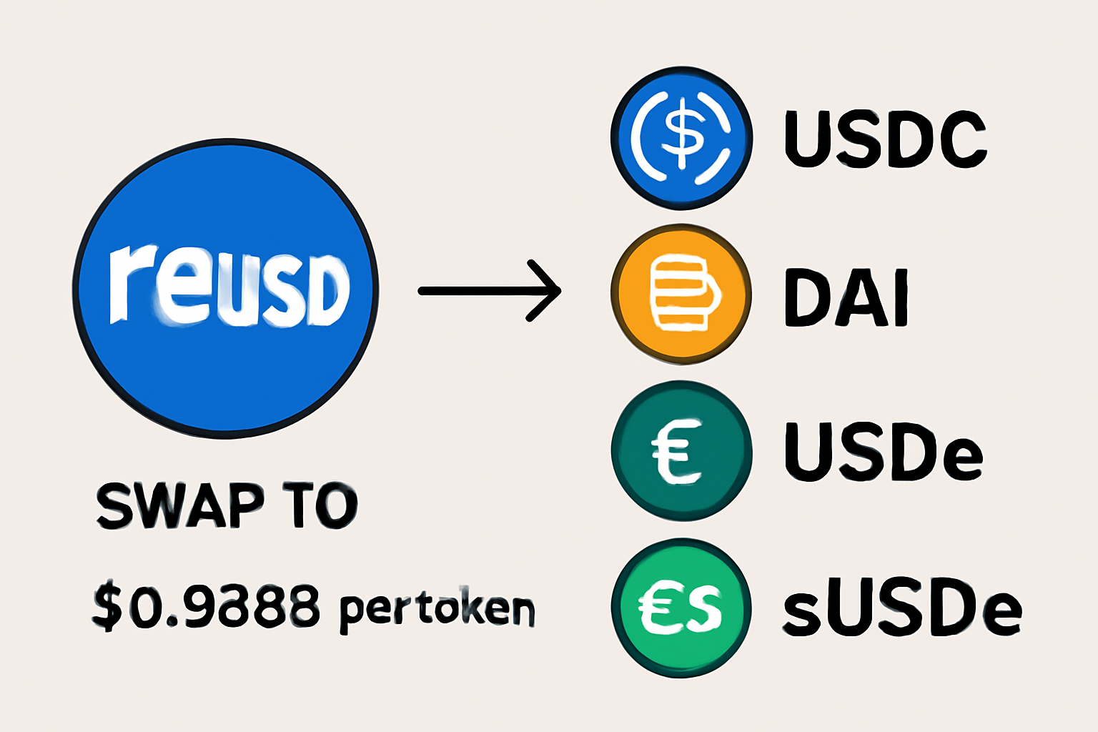 A digital transaction showing reUSD being swapped back to USDC, DAI, USDe, or sUSDe at $0.9888 per token.