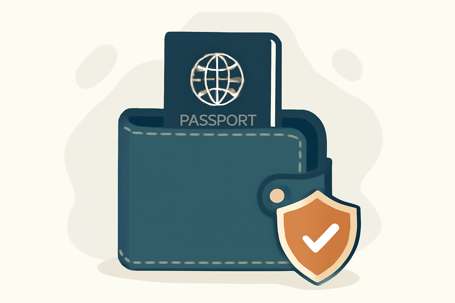 A digital wallet with a passport and shield icon, symbolizing KYC/AML verification for crypto users, on a modern background.