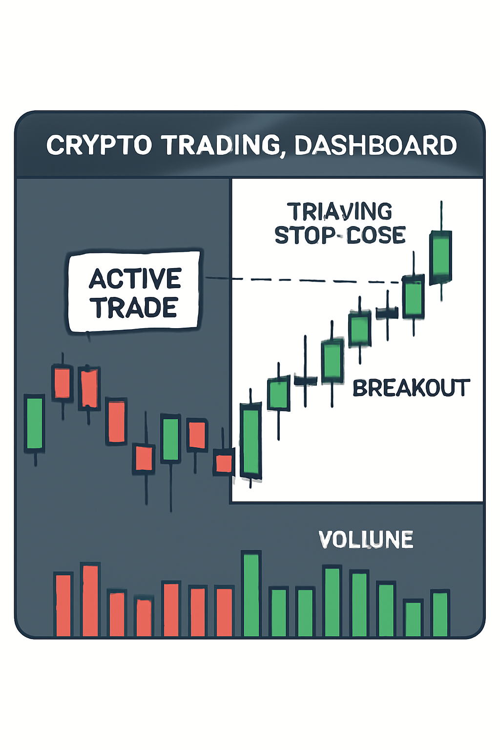 crypto trading dashboard showing active trade, trailing stop-loss, and volume indicators after breakout
