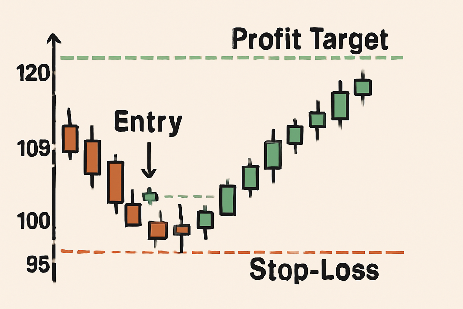crypto chart with entry point above $100, stop-loss below $95, and profit target marked at $120