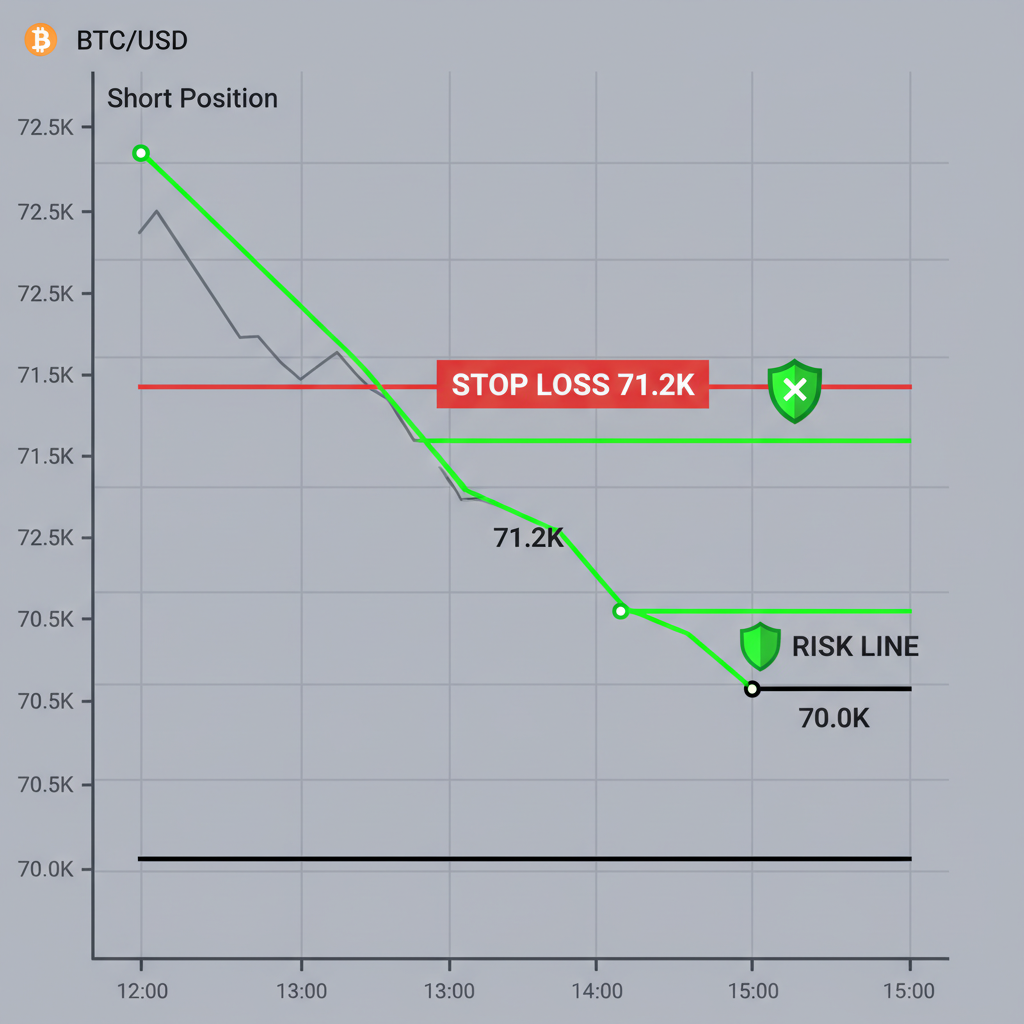 trading chart stop loss 71.2k bitcoin short position risk line green shield
