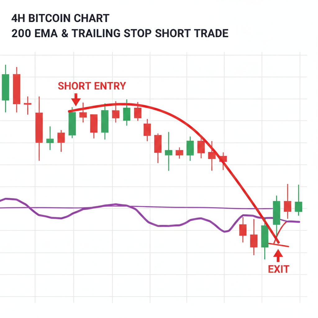 4h bitcoin chart 200 ema trailing stop short trade dynamic line red trend
