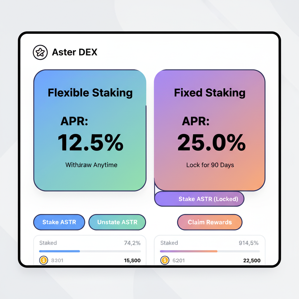 Aster DEX staking pools interface showing Flexible and Fixed options, APR percentages displayed, colorful cards
