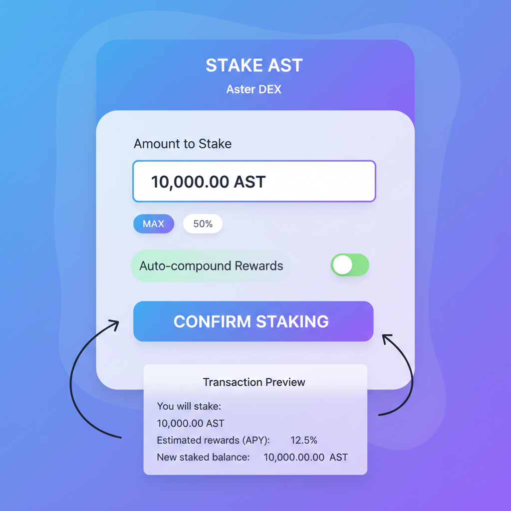 staking input form on Aster DEX, amount field filled, confirm button ready, transaction preview