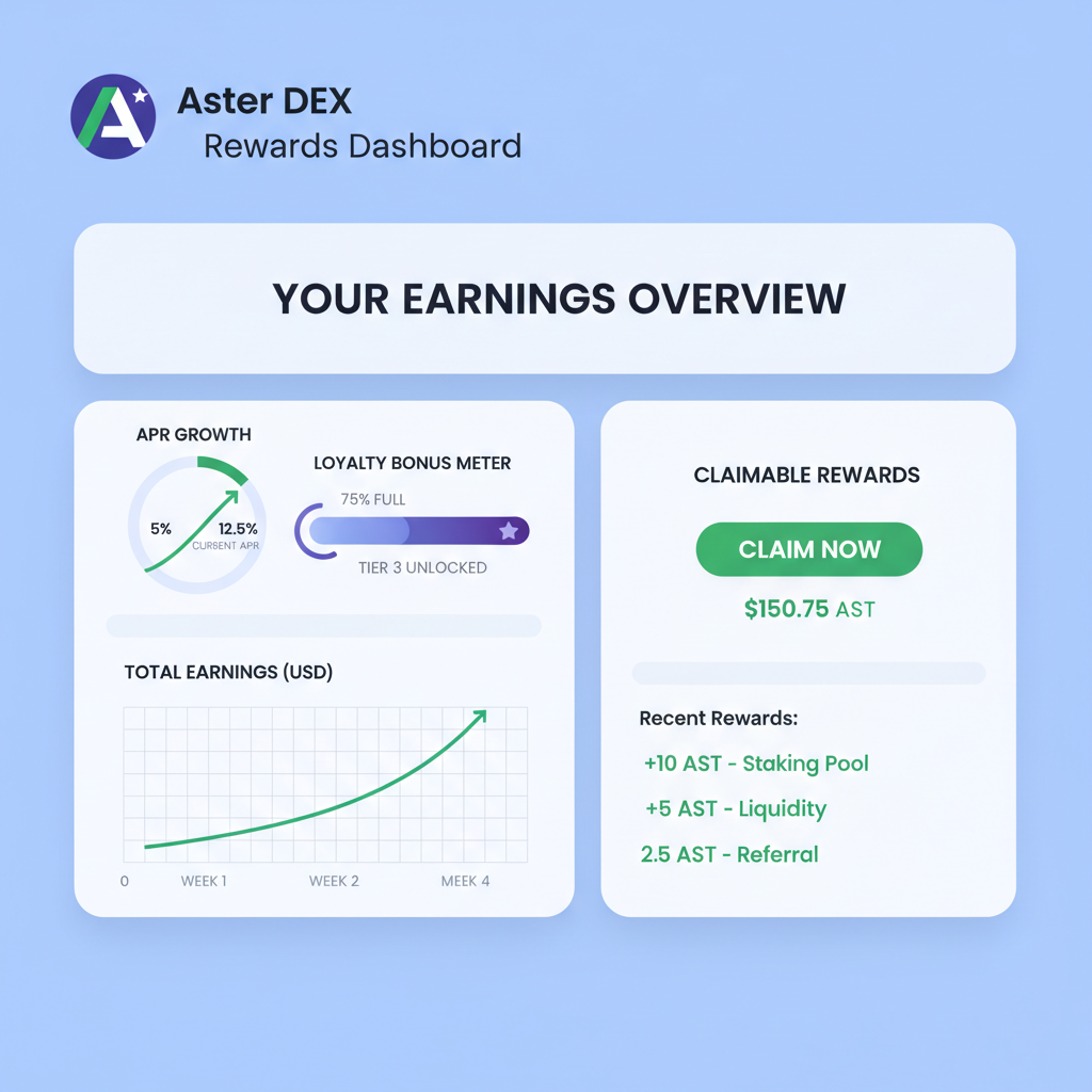Aster DEX rewards dashboard screenshot, charts showing APR growth, loyalty bonus meter, green earnings graph
