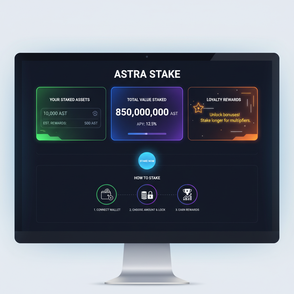 clean screenshot of Aster DEX staking homepage, vibrant crypto UI with stake button, loyalty rewards highlighted
