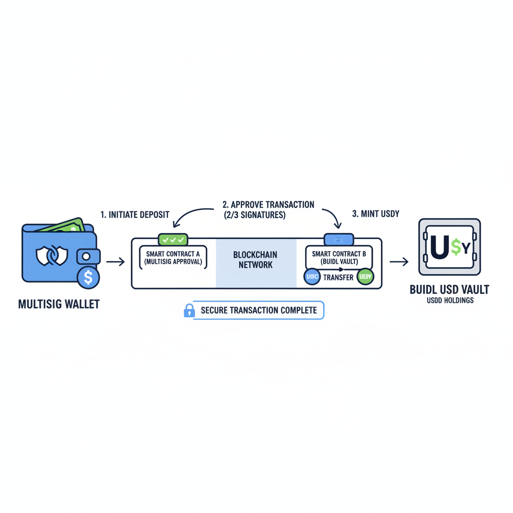 Multisig wallet depositing USDC into BUIDL USDY vault, blockchain transaction flow, secure interface