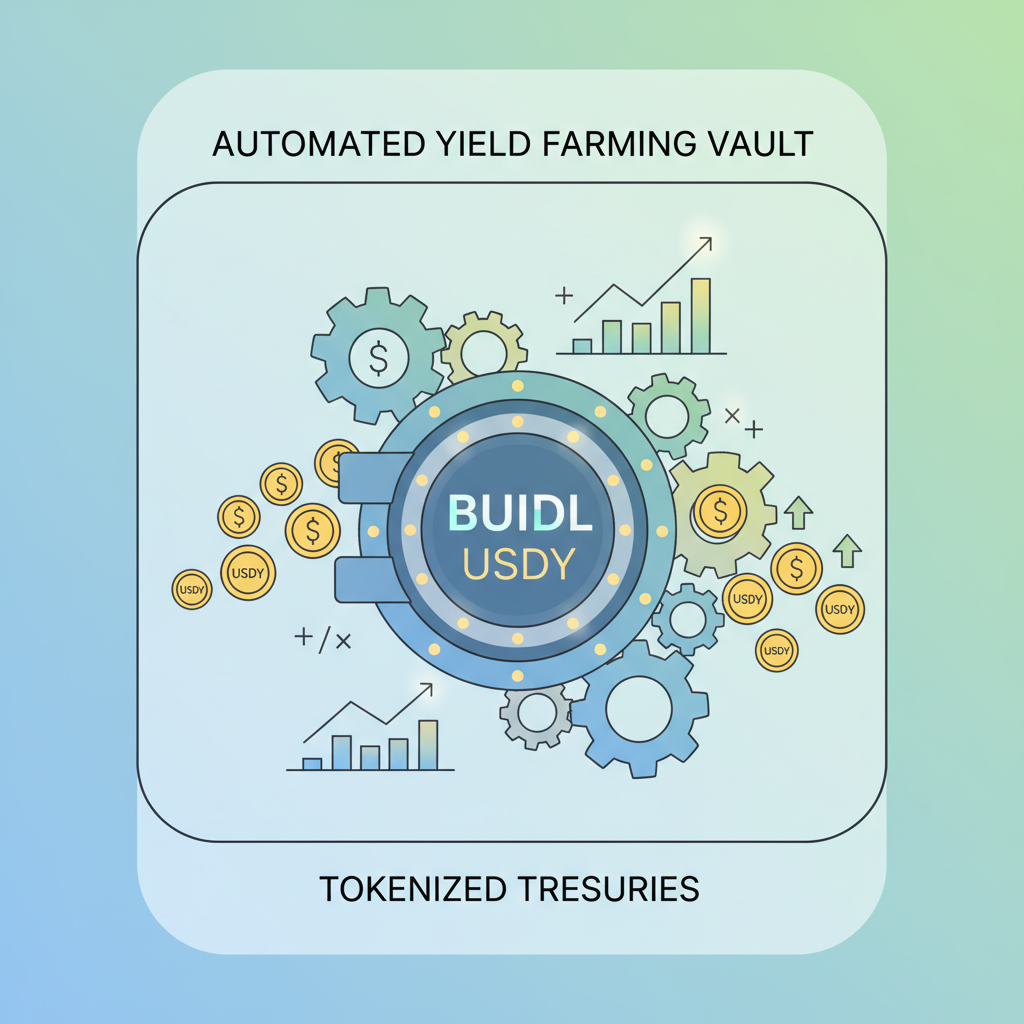 Automated yield farming vault for tokenized treasuries BUIDL USDY, gears and charts compounding interest