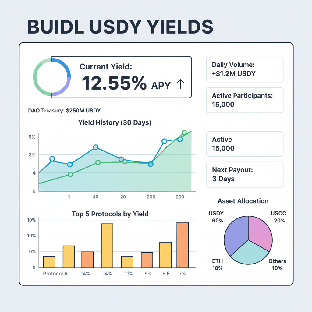 Real-time dashboard monitoring DAO treasury BUIDL USDY yields, charts graphs analytics professional