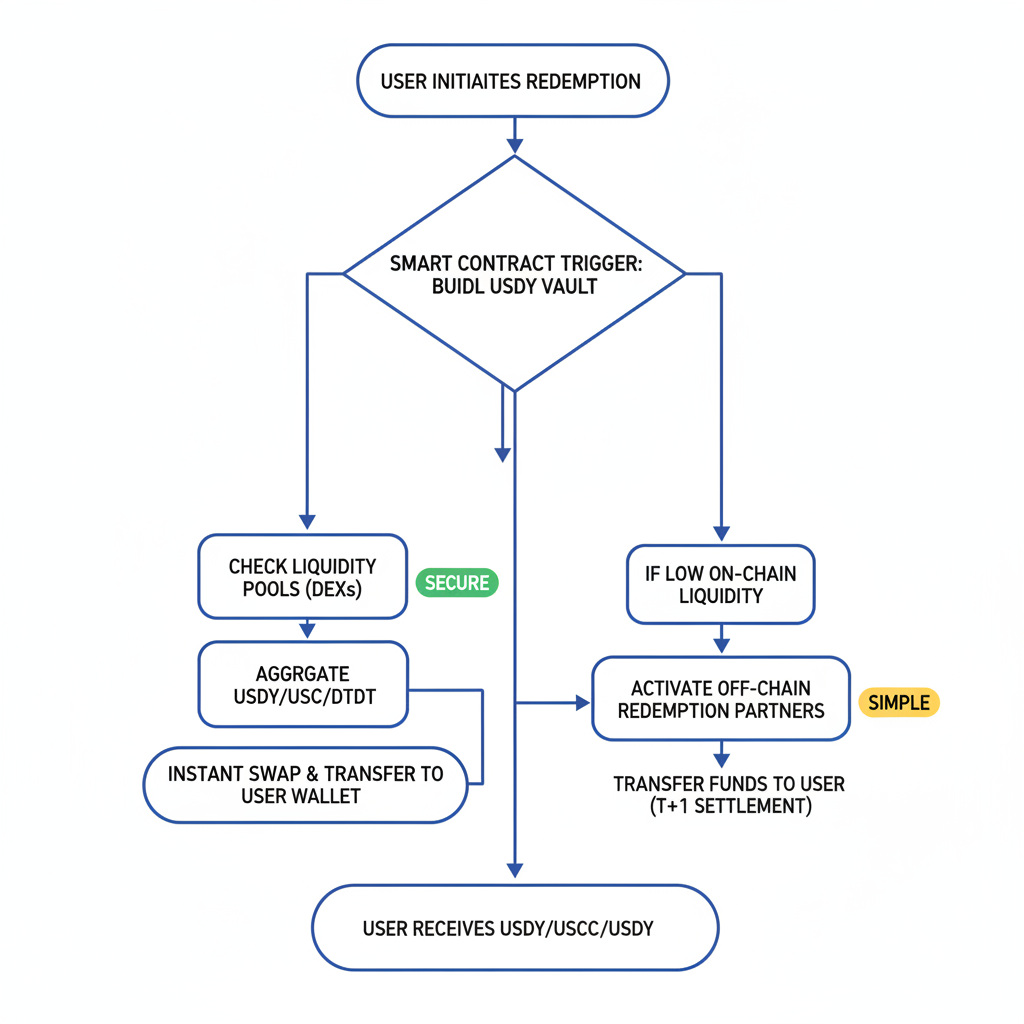 Smart contract redemption trigger flowchart for BUIDL USDY vault, exit liquidity paths secure