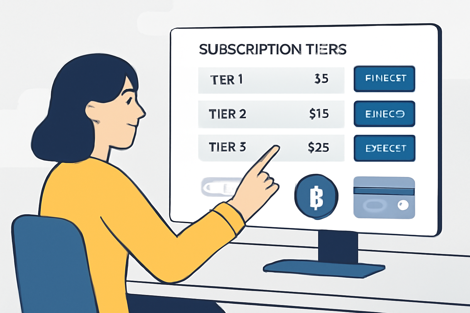 A creator setting up multiple subscription tiers and payment options on a digital dashboard, with crypto and credit card icons.