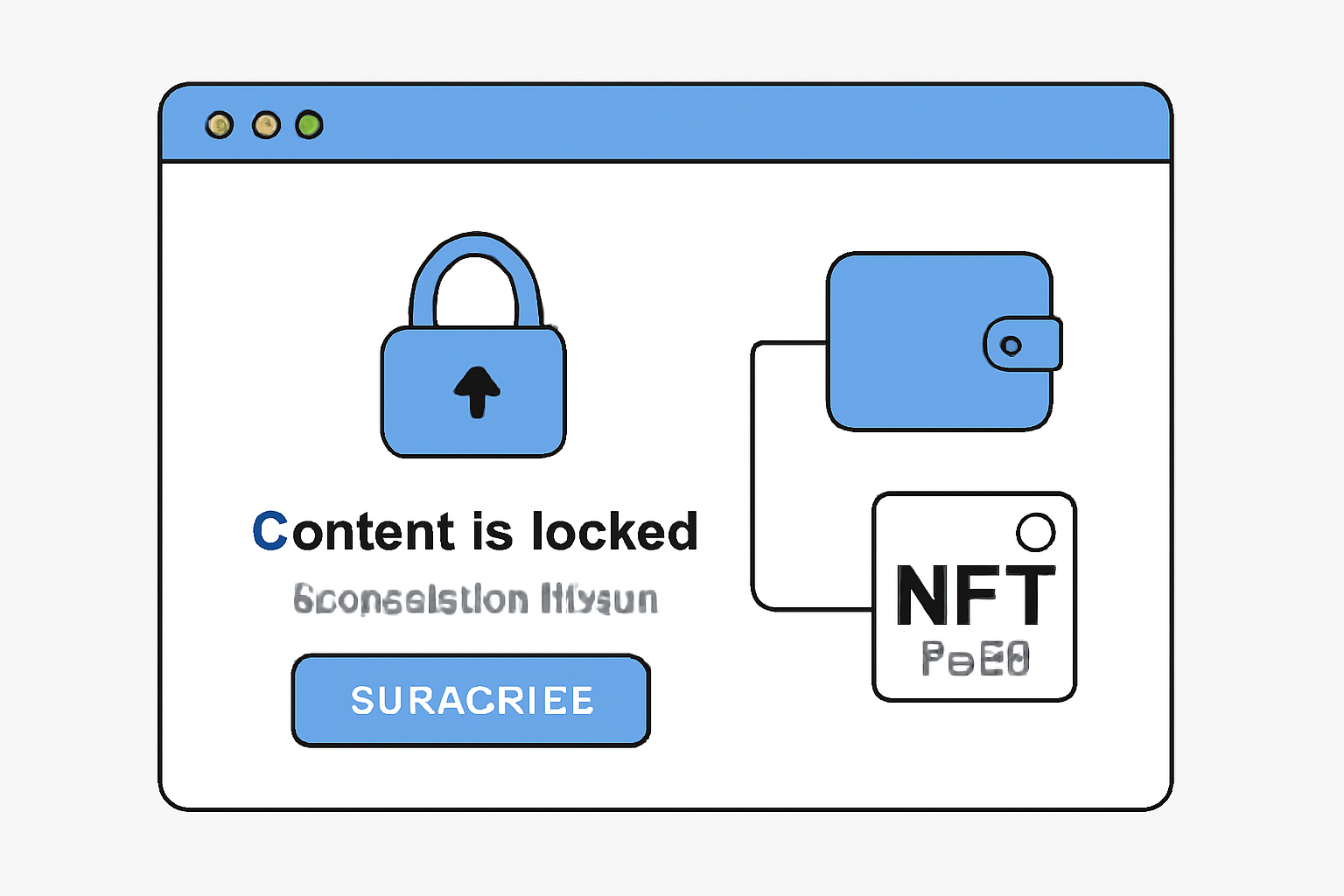 A website showing locked content with a prompt to subscribe, alongside a connected crypto wallet and NFT pass icon.