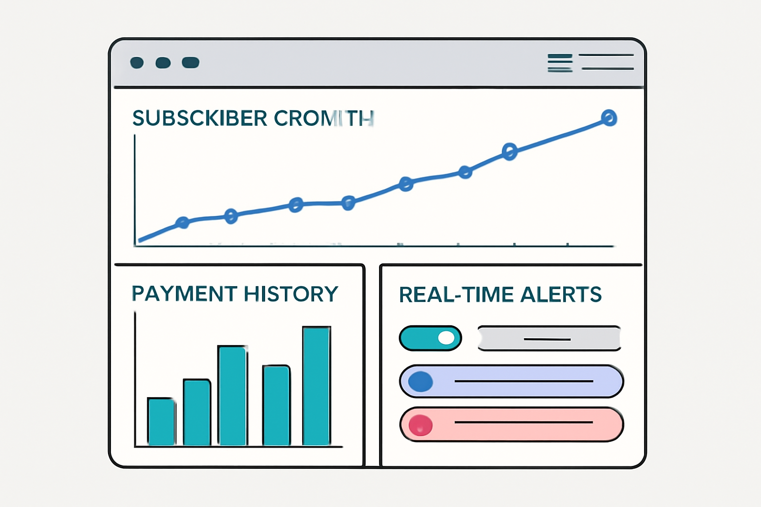 A dashboard displaying graphs of subscriber growth, payment history, and real-time alerts.
