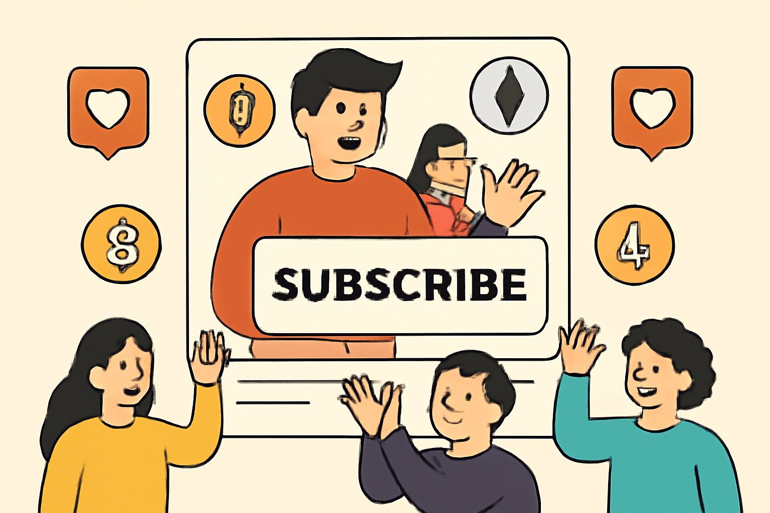 A content creator sharing a subscription announcement on social media, with excited followers and crypto icons.