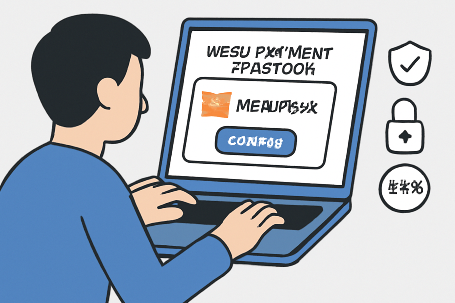 A user connecting a MetaMask wallet to a Web3 payment platform on a laptop screen, with security icons visible.