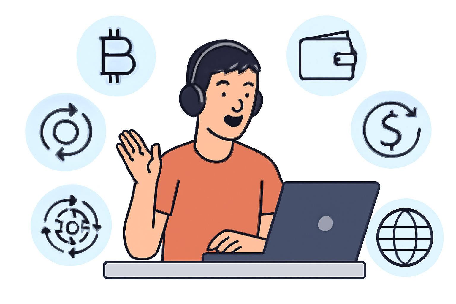 A digital content creator surrounded by floating blockchain icons, wallets, and recurring payment symbols, emphasizing automation and global reach.