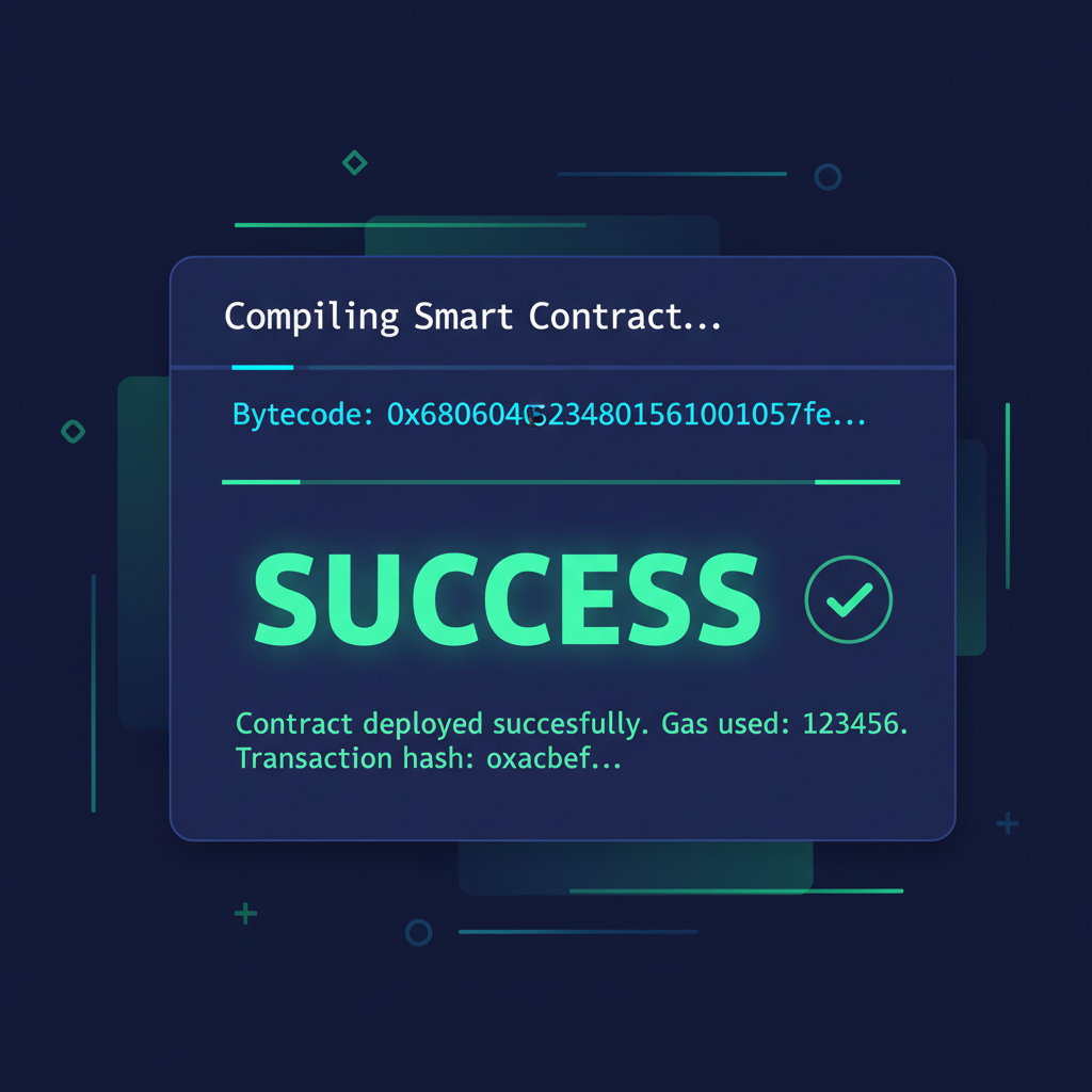 compilation terminal output success, smart contract bytecode glowing