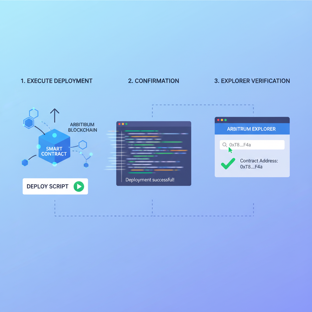 blockchain deployment animation, contract address appearing on Arbitrum explorer