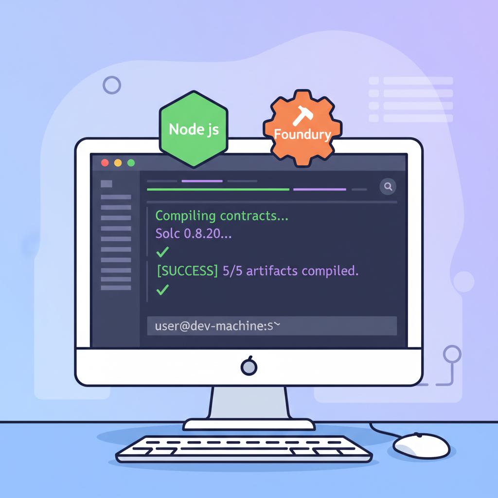 developer terminal setup with Node.js and Foundry icons, code compiling