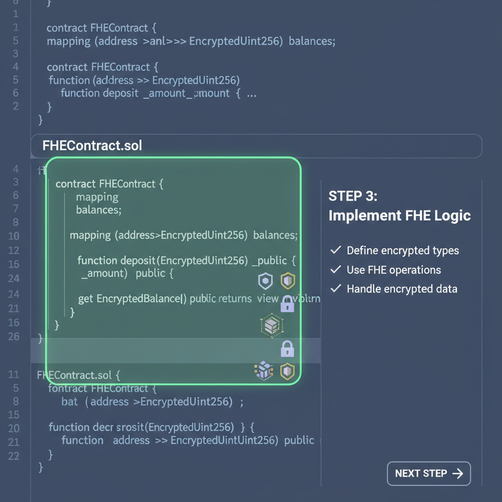 Solidity code editor with FHE contract highlighted, encrypted data symbols