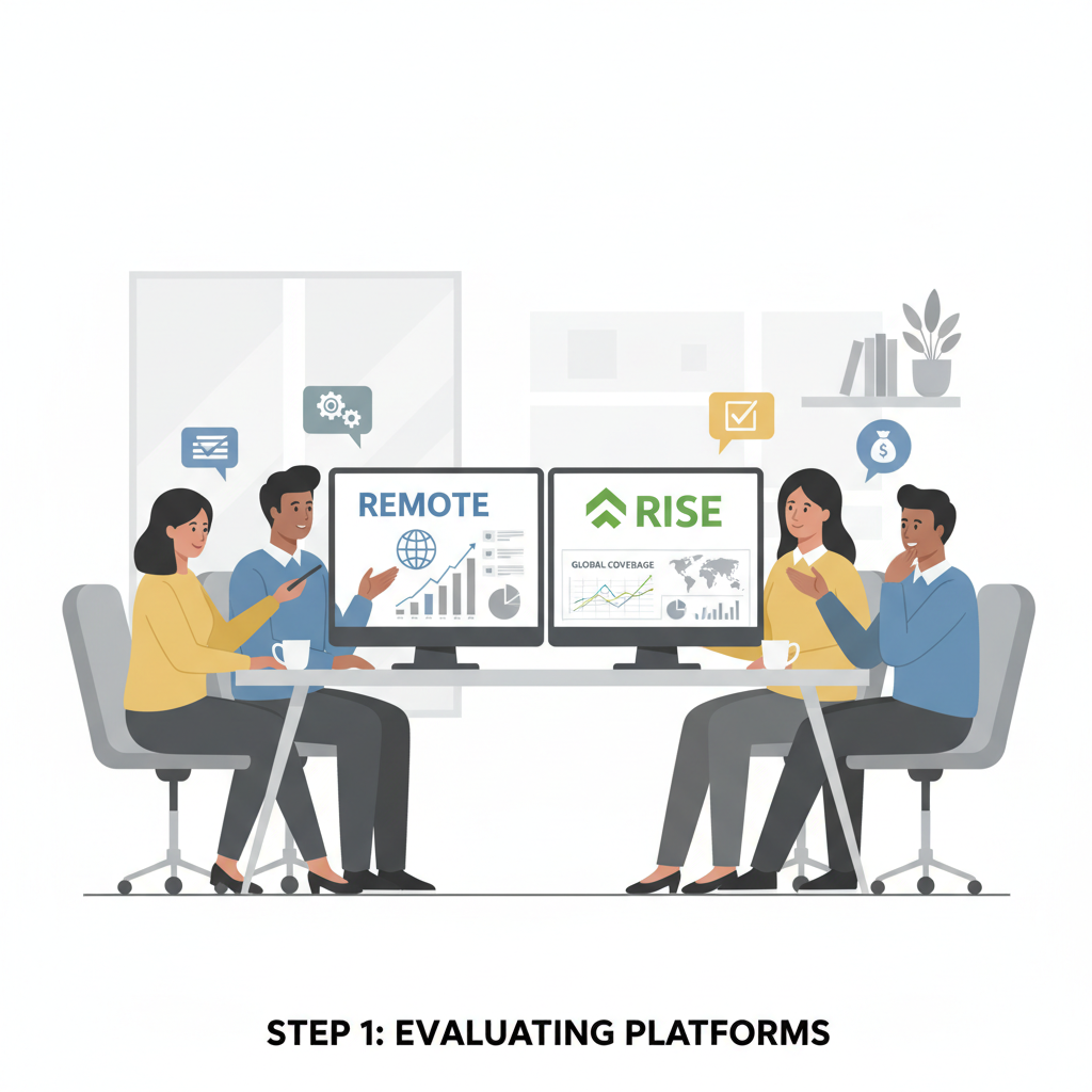 modern office team reviewing payroll platforms Remote and Rise on dual monitors, charts showing global coverage, professional atmosphere