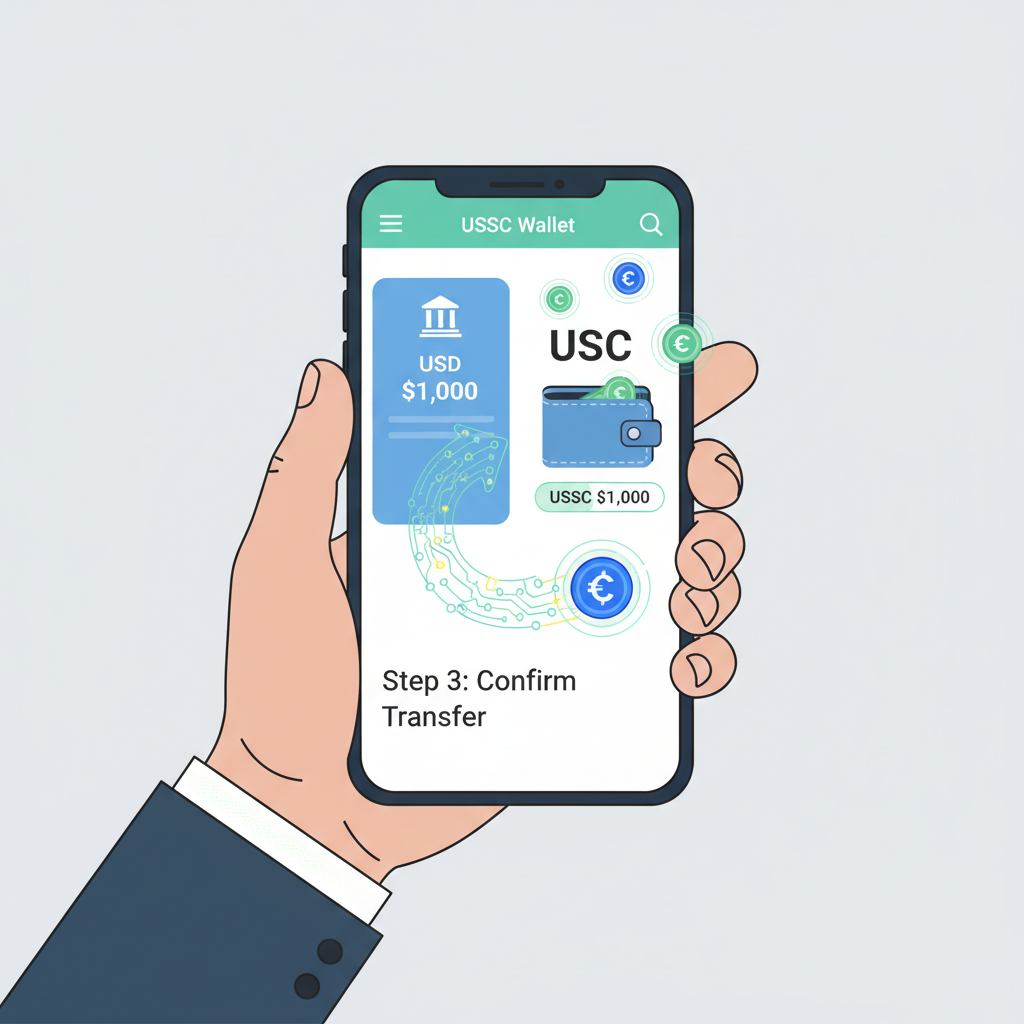 hand transferring USD from bank app to USDC wallet on smartphone, glowing stablecoin icons, secure digital flow