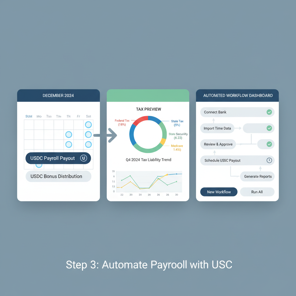 calendar interface scheduling USDC payroll payouts, tax preview graphs, automated workflow dashboard