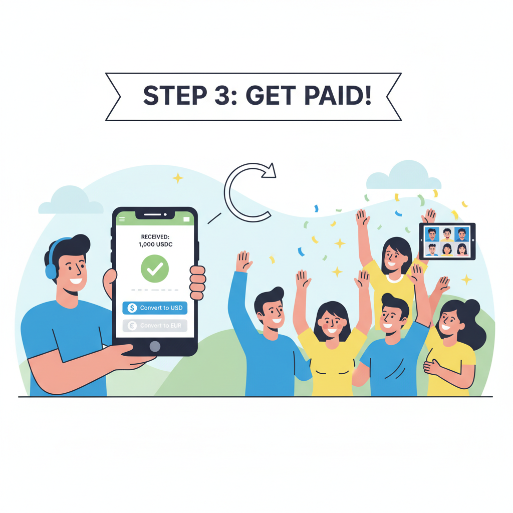 worker receiving USDC on mobile wallet, options for fiat conversion, happy remote team celebration