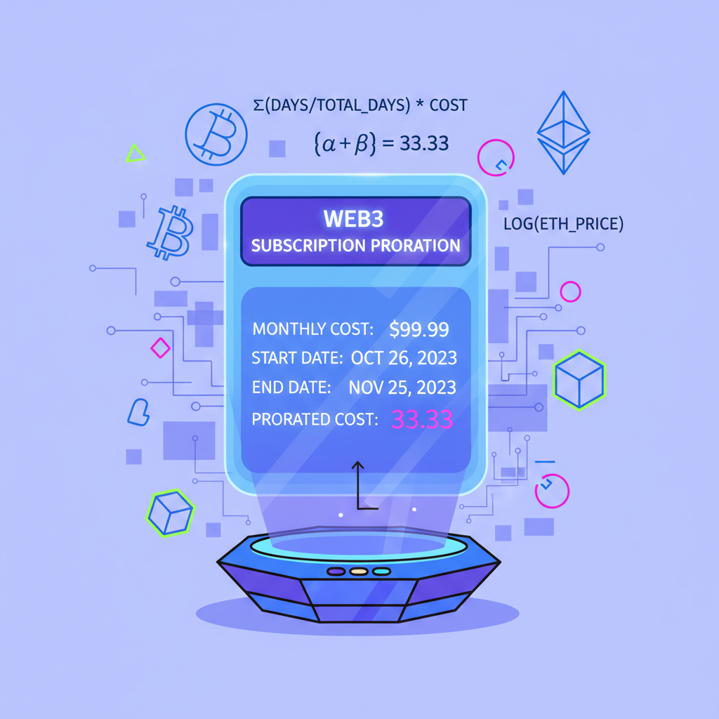 holographic calculator computing proration for web3 subscription, math formulas floating, neon crypto aesthetic