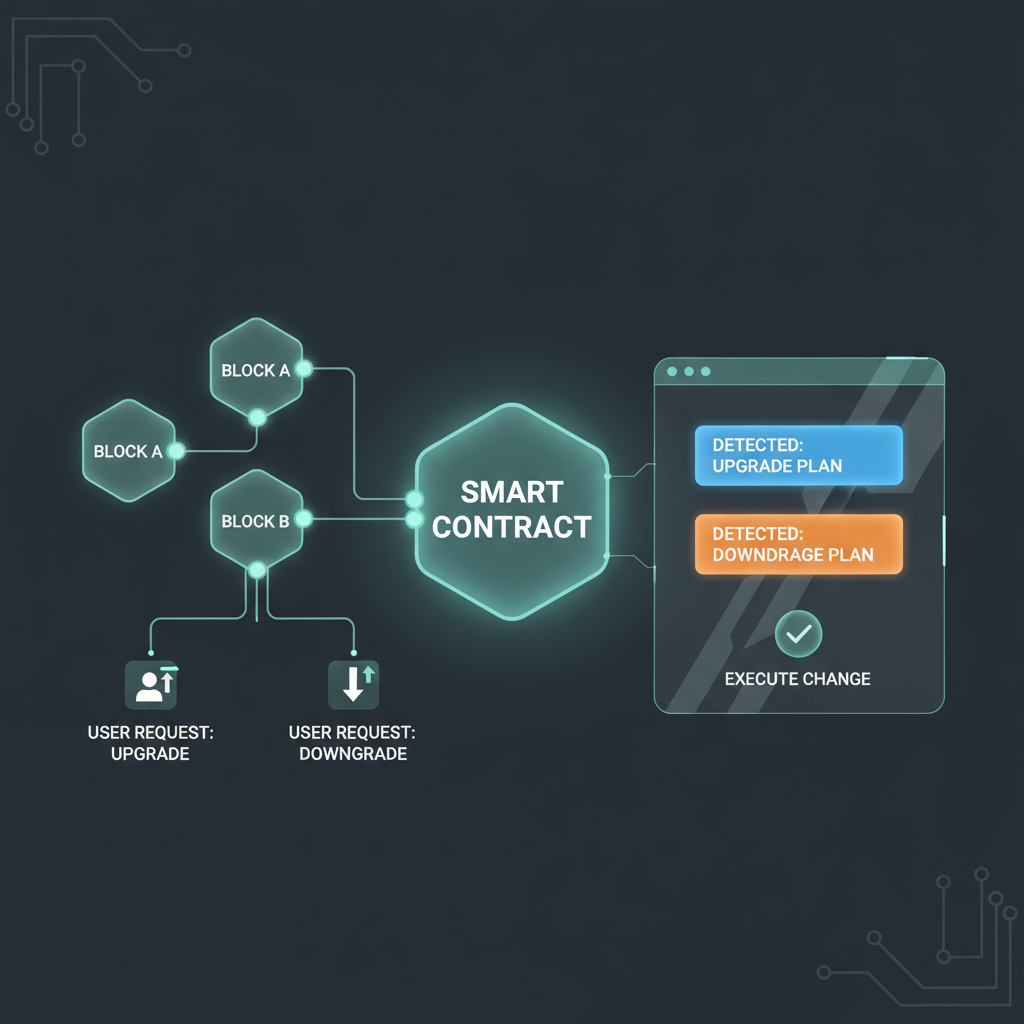 smart contract detecting subscription plan change request, glowing blockchain nodes, futuristic web3 interface