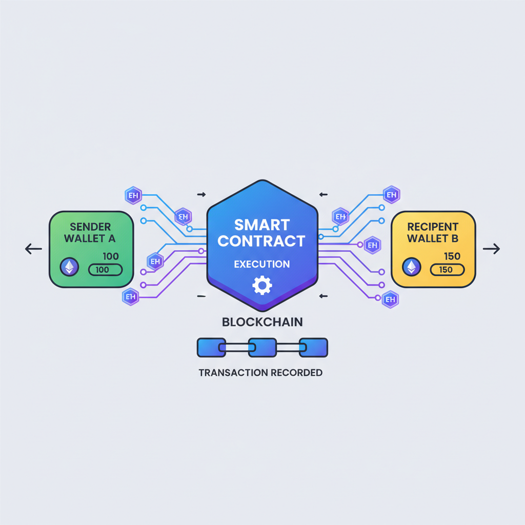 onchain smart contract executing payment transfer, crypto tokens flowing between wallets, blockchain animation