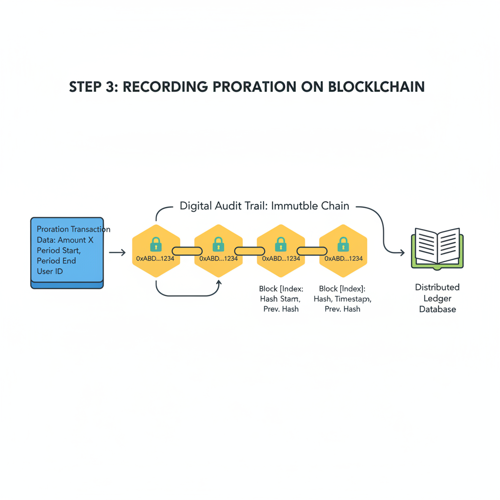 blockchain ledger writing proration transaction, immutable chain links forming, digital audit trail